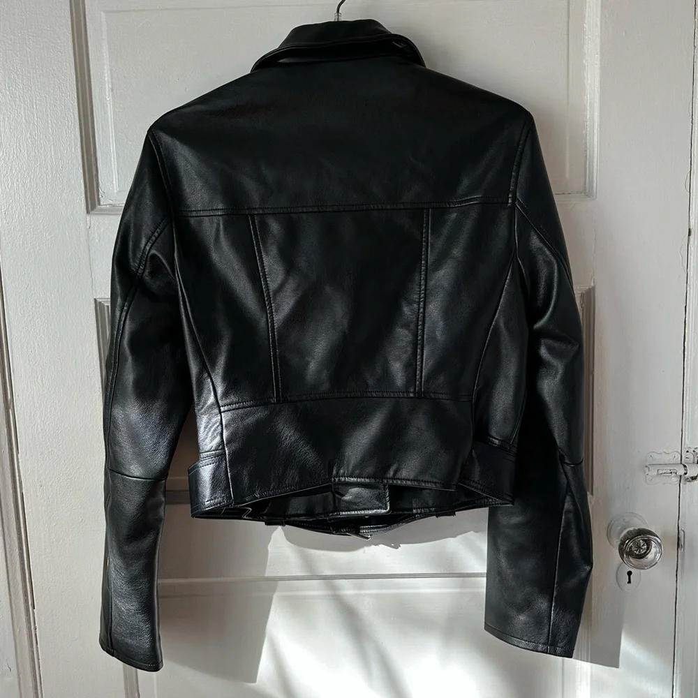 Bershka Black Faux Leather Biker Moto Jacket‎ Full Zip Grunge Lg NWOT - Picture 3 of 15